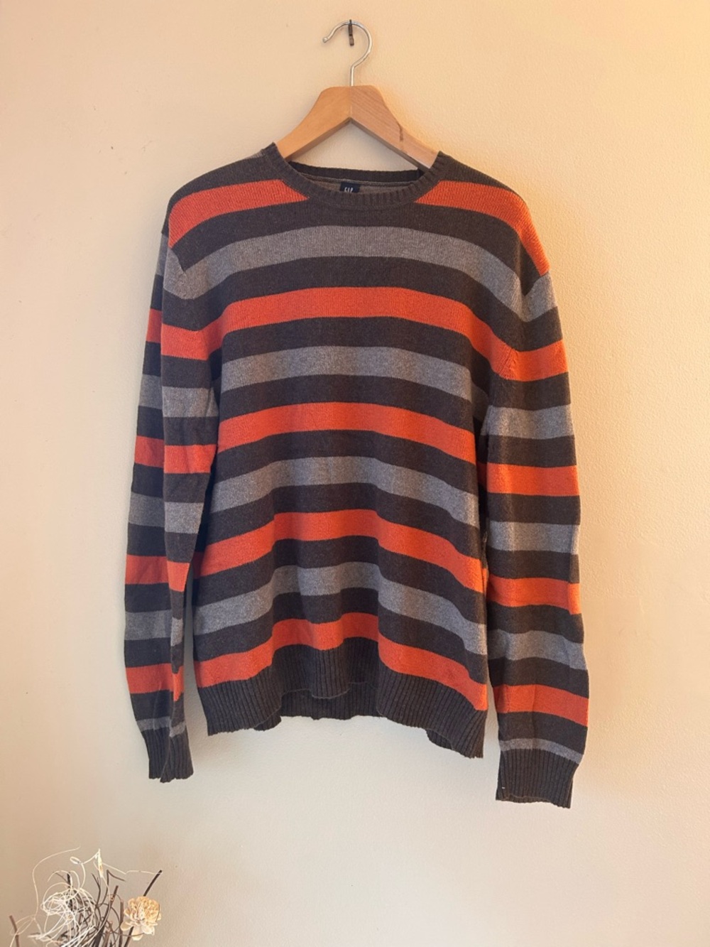 GAP Striped Crewneck Sweater in Orange, Gray & Black
